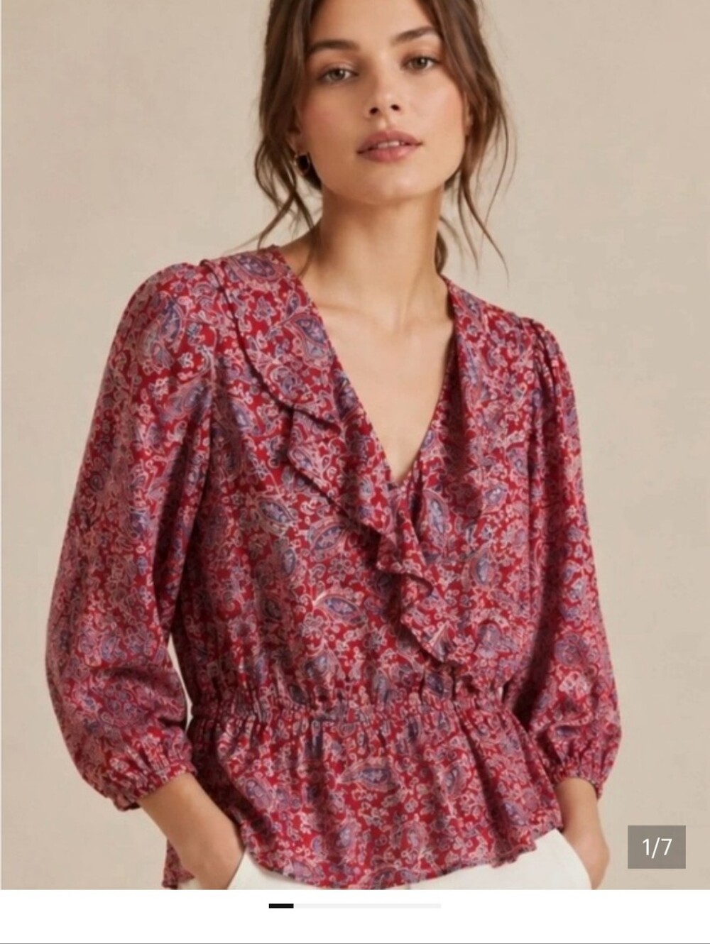 Chaps Red Paisley Ruffle-Neck Blouse